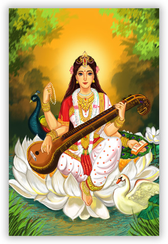 Saraswati Mata With Sitar And Hans Peacock Photo No Frame Tearable