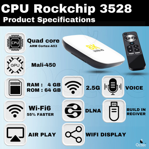 Octec 4GB+64GB|Android 13.0 TV Box|Quad-Core|4K UHD 8K|DLNA