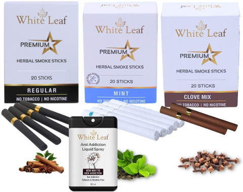 White Leaf Herbals Regular, Mint & Clove Flavour Cigarette, Pack of 3 (60  Sticks 20ML Shot) Smoking Cessations Price in India