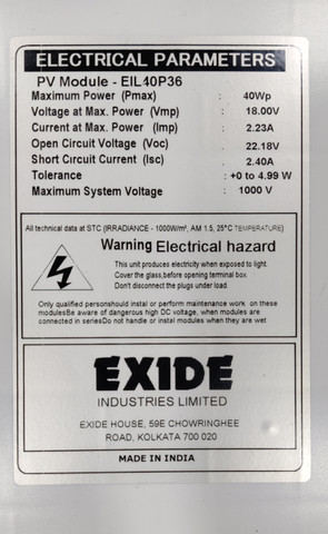 EXIDE 40 WATT SOLAR PANEL Solar Panel Price in India - Buy