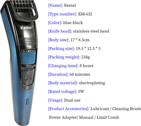 Kemei KM-632 Hair Trimmer Rechargeable 60 min run time Trimmer 60