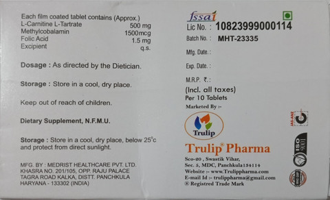 Trulip Pharma L-carnitine 500mg, Vitamin B12 1500mcg & Folic Acid Tablets  Help In Muscle Cramp Price in India - Buy Trulip Pharma L-carnitine 500mg,  Vitamin B12 1500mcg & Folic Acid Tablets Help