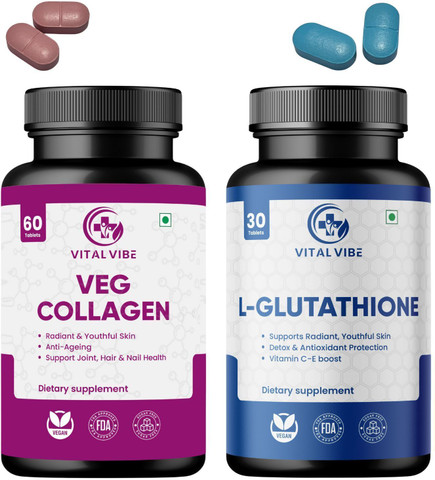 VITAL VIBE Glutathione+Veg Collagen 1000mg Tablets Combo for Skin Health, Hairs & Nails Price in India