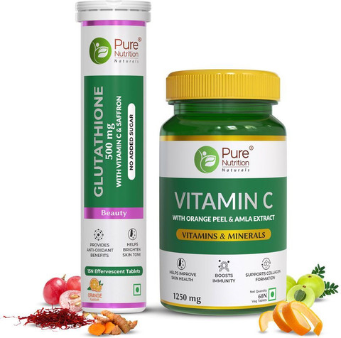 Pure Nutrition Glowing Skin Combo with Glutathione 500mg + Vitamin C 1000mg For Youthful Skin Price in India