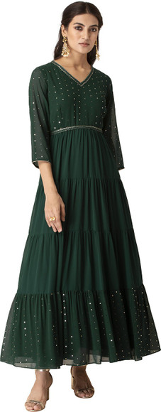indya green dress Green Hand Embroidered Gown: Premium Indian Dress by Raas XL / Green