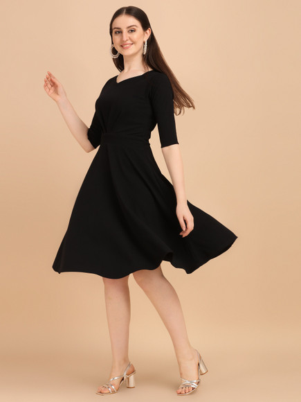 Shine N Show Women Fit and Flare Black Knee Length Dress - Buy Shine N Show  Women Fit and Flare Black Knee Length Dress Online at Best Prices in India  | Flipkart.com