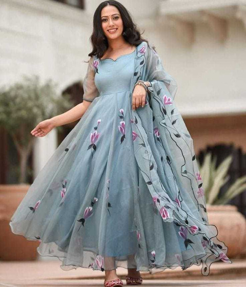 sachin and babi light blue dress Ash Grey Gown Set with Multi-Coloured Thread Work Abla and Silver  Highlights main image 1
