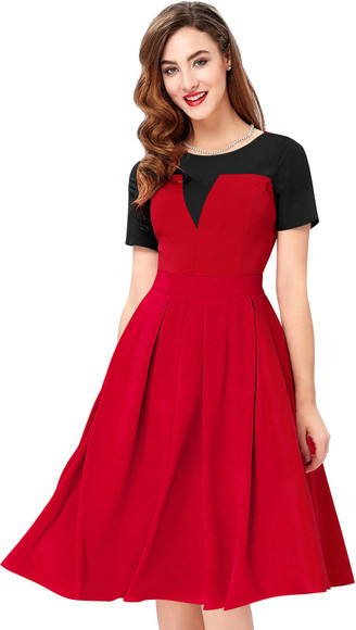 knee length red and black dress Red Full Sleeved Office Dress Organza Cotton Dress Red and Black Fitted  Waist an