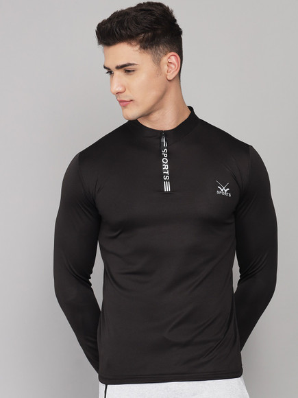 W Sports Solid Men High Neck Black T-Shirt - Buy W Sports Solid