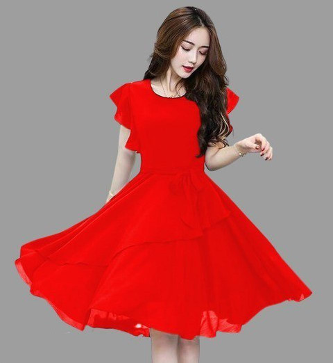 I KHODAL TRADING Women Fit and Flare Red Knee Length Dress - Buy I KHODAL  TRADING Women Fit and Flare Red Knee Length Dress Online at Best Prices in  India | Flipkart.com