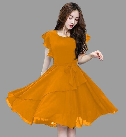 I KHODAL TRADING Women Fit and Flare Yellow Knee Length Dress - Buy I  KHODAL TRADING Women Fit and Flare Yellow Knee Length Dress Online at Best  Prices in India | Flipkart.com