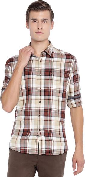 BASICS Men Checkered Casual White, Brown Shirt - Buy BASICS Men