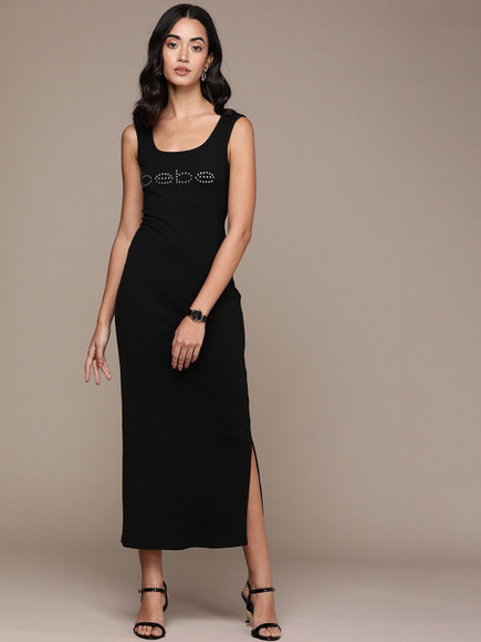 bebe long black dress Long Sleeve Off the Shoulder Mesh Maxi Dress – bebe main image 0