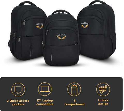 WILDOUS Water Resistant 3 Compartment Upto 17'' Laptop Bag Office College & Travel 38 L Laptop Backpack Black - Price in India | Flipkart.com WILDOUS Water Resistant 3 Compartment Upto 17'' Laptop Bag Office College & Travel 38 L Laptop Backpack Black - Price in India | Flipkart.com