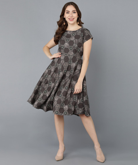 HIVA TRENDZ Women Fit and Flare Grey Below Knee Dress - Buy HIVA TRENDZ  Women Fit and Flare Grey Below Knee Dress Online at Best Prices in India |  Flipkart.com