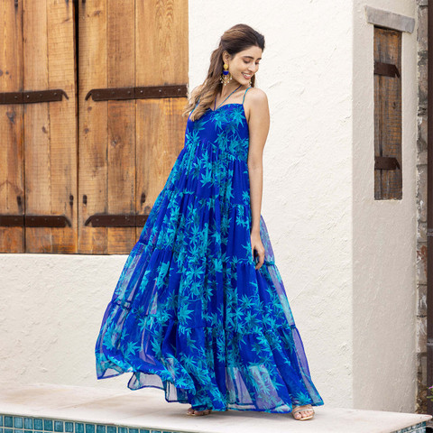 chinese dress ladies Buttercream Denim Krishna One Shoulder Maxi Dress