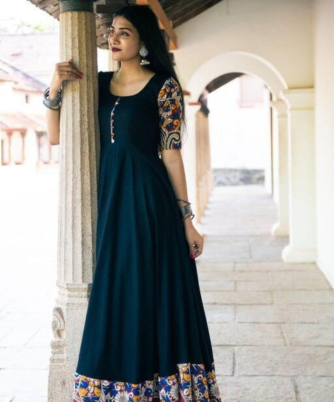 knee length dresses for ladies Kalamkari Print Silk Dress w/ Kanchi border – Bhargavi's Boutique main image 0