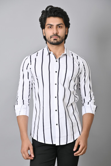 PROTOZONE Men Striped Casual White, Black Shirt - Buy PROTOZONE
