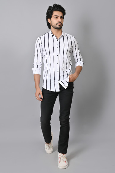 PROTOZONE Men Striped Casual White, Black Shirt - Buy PROTOZONE