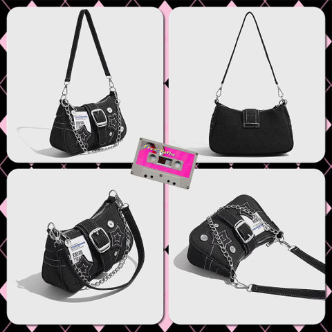 PALAY Black Shoulder Bag Chic Shoulder Bag Y2K Star Patchwork
