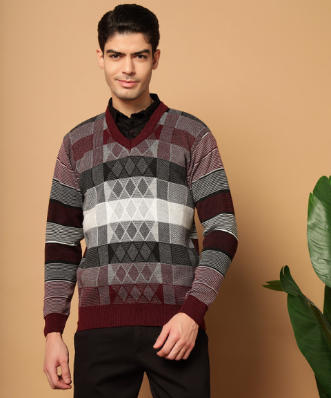 KILVESTED Colorblock V Neck Casual Men Maroon Sweater - Buy