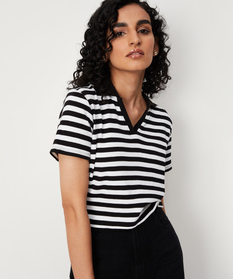 MAX Striped Women Polo Neck Black T-Shirt - Buy MAX Striped