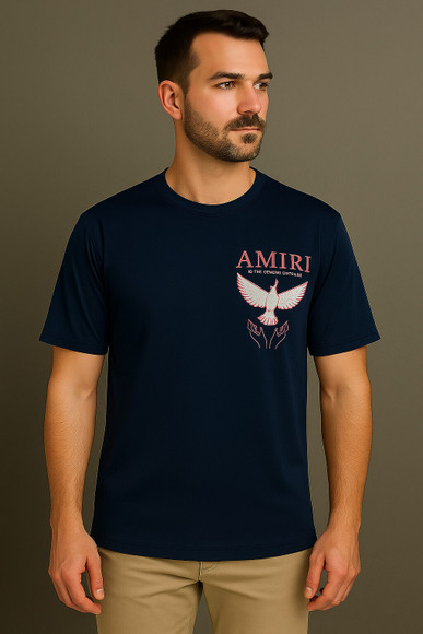 Amiri Graphic Print Couple Round Neck Navy Blue T-Shirt - Buy