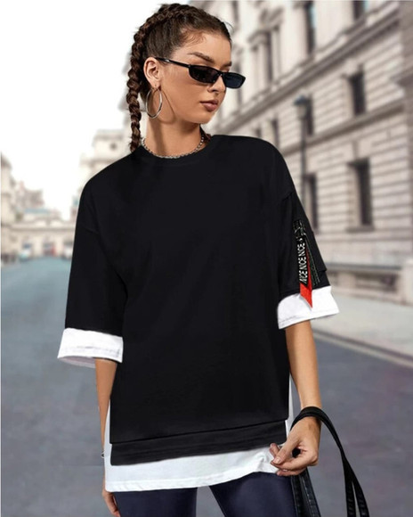 World Fashion Colorblock Women Round Neck Black T-Shirt World Fashion Colorblock Women Round Neck Black T-Shirt