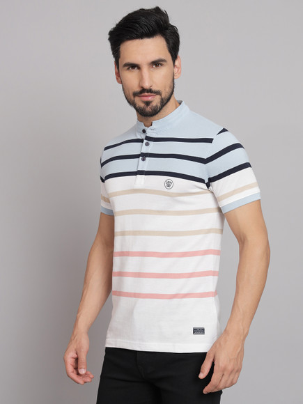 URBAN TRAIL Striped Men Mandarin Collar Light Blue T-Shirt - Buy