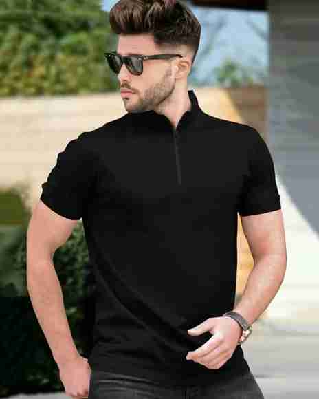 ytrick Self Design Men Zip Neck Black T-Shirt - Buy ytrick Self