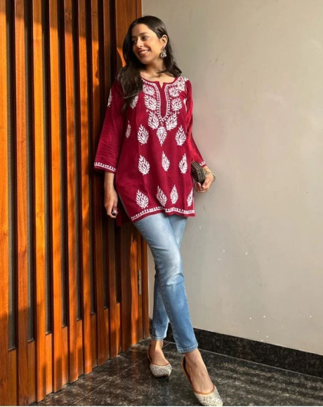 Radharaman Textiles Casual Embroidered Women Orange Top - Buy
