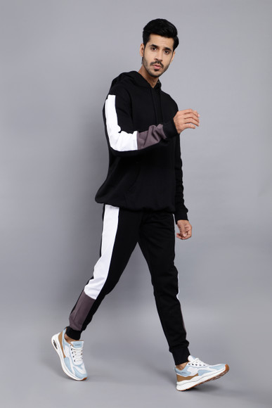 Peplos REGULAR FIT BLACK HOODIE-TROUSER CO-ORD SET FOR Colorblock