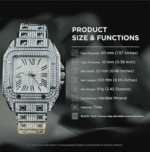 SAFISHA Mens Luxury Crystal Watch Full Bling Iced Out Diamond