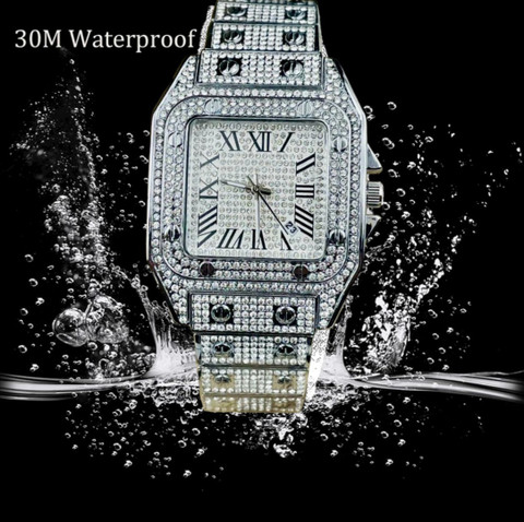 SAFISHA Mens Luxury Crystal Watch Full Bling Iced Out Diamond