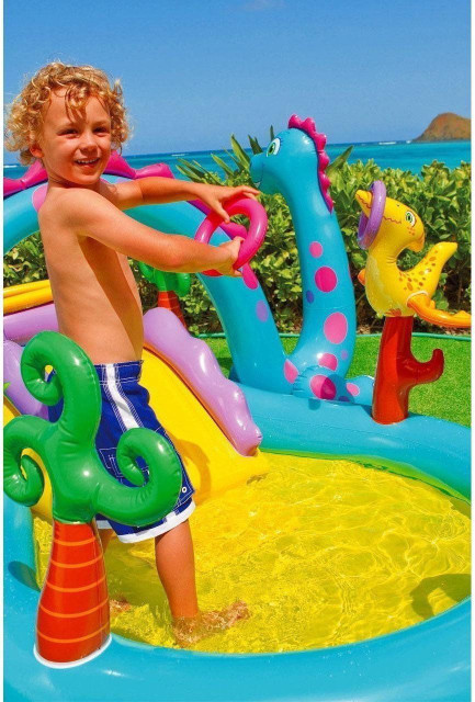 INTEX ® Original Inflatable Dinoland Play Center Swimming Pool With inbuilt  Water Spray,6 balls and rings Inflatable dragon Inflatable Pool