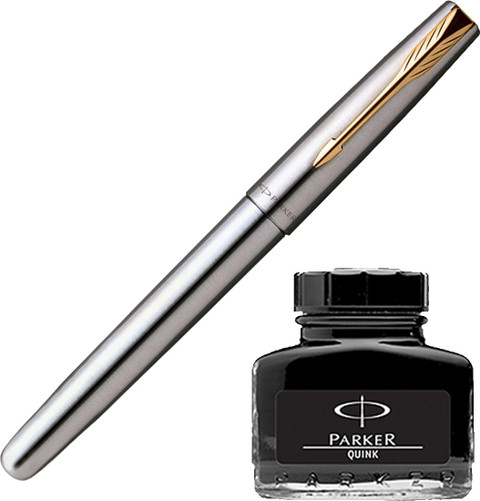 PARKER Frontier Stainless Steel GT Fountain Pen with Black Quink Ink Bottle
