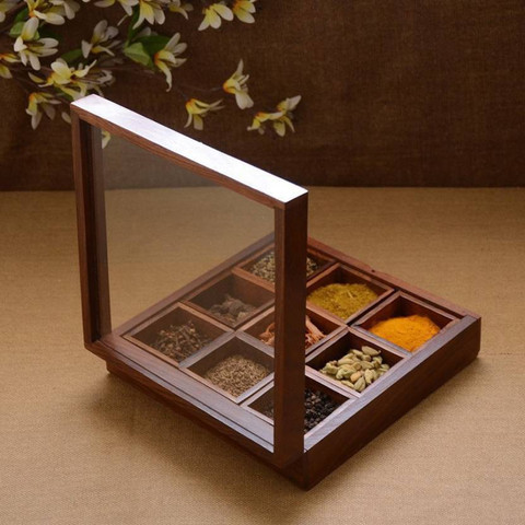 OnlineCrafts Wooden Masala Box – 200 ml Spice Organizer