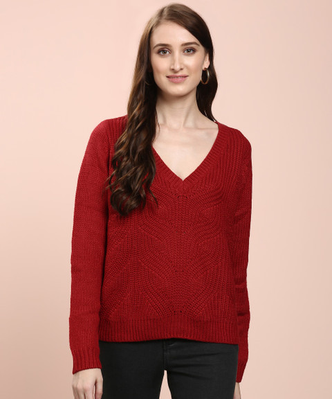 ONLY Woven V Neck Casual Women Red Sweater Buy Red ONLY Woven V