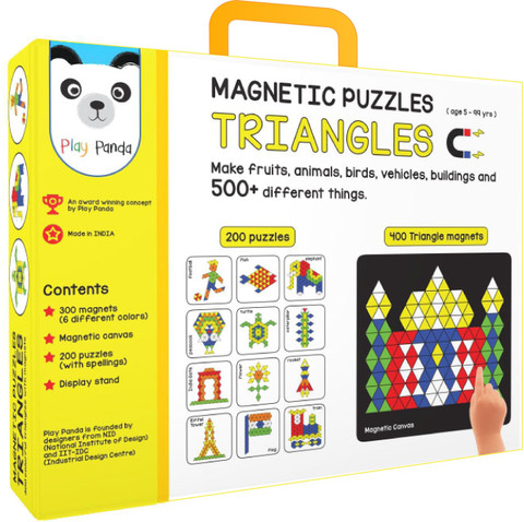 PLAY PANDA Magnetic Puzzles Triangles with 400 colorful magnets, 200  puzzle book, Magnetic board and Display stand