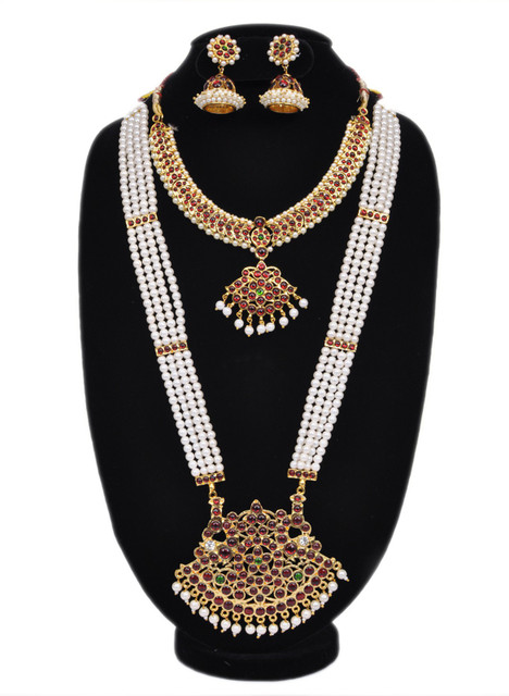 bharatanatyam jewellery Fabric Gold-plated Red, Green Jewellery Set