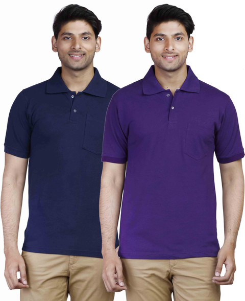 Fleximaa Solid Men Polo Neck Purple, Dark Blue T-Shirt