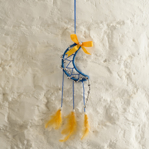 ECraftIndia Blue & Yellow Dream Catcher – Decorative Hanging Wall Art, Microfiber, 12 Inches Long