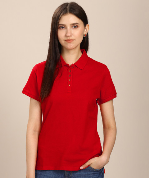 MADAME Solid Women Polo Neck Red T-Shirt Buy MADAME Solid Women