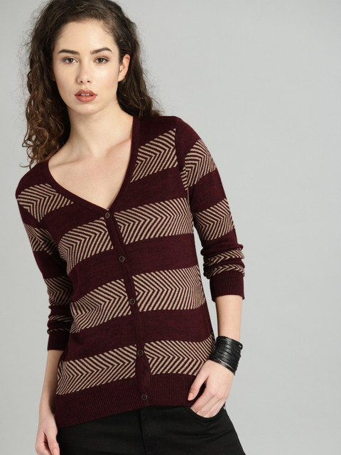 Roadster Striped V Neck Casual Women Maroon Sweater Buy Roadster