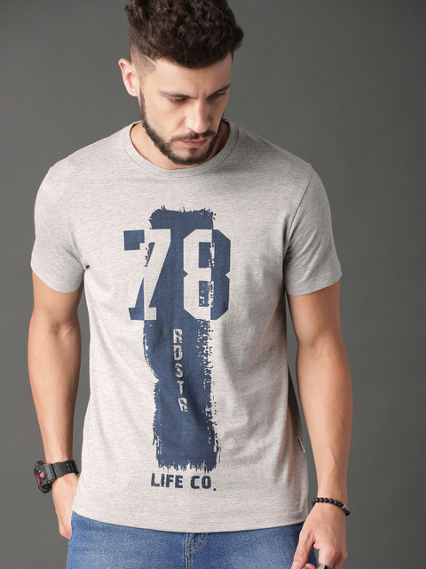 Roadster Printed Men Round Neck Grey T-Shirt
