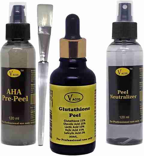 glutathione peeling solution VACOS Glutathione Peel 30 ml Glutathione 15%, Glycolic 25%, Kojic 15%, Lactic 10%, Salicylic 2%, with Pre Peel , Neutralizer, Brush Price in India glutathione peeling solution VACOS Glutathione Peel 30 ml Glutathione 15%, Glycolic 25%, Kojic 15%, Lactic 10%, Salicylic 2%, with Pre Peel , Neutralizer, Brush Price in India