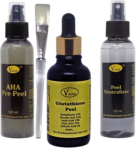 VACOS Glutathione Peel 30 ml Glutathione 15%, Glycolic 25%, Kojic 15%,  Lactic 10%, Salicylic 2%, with Pre Peel , Neutralizer, Brush Price in India 