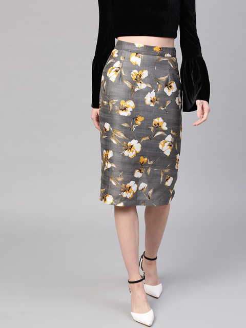SASSAFRAS Floral Print Women Pencil White, Grey Skirt