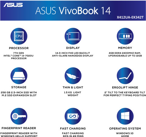 ASUS VivoBook 14 Intel Core i3 7th Gen 7020U (4 GB/256 GB SSD/Windows 10  Home) X412UA-EK342T Thin and Light Laptop