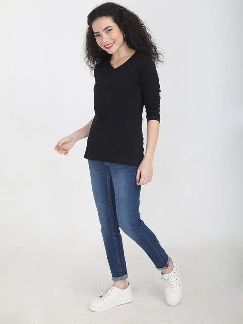 レディースウェア WM VEAL LOGO MOCK NECK SHIRTS BLACK Buy Women Solid V-neck T-shirt Online at just Rs. 199.0